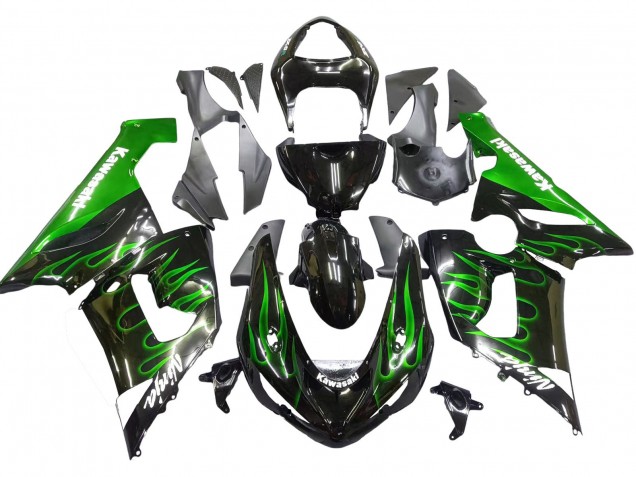 2005-2006 Kawasaki ZX6R Motorcycle Fairing - Glossy Black Green Flame Canada for Sale