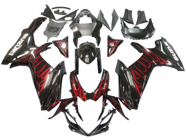 2011-2024 Suzuki GSXR 600 / GSXR 750 Motorcycle Fairings - Glossy Black Red Flame Canada for Sale