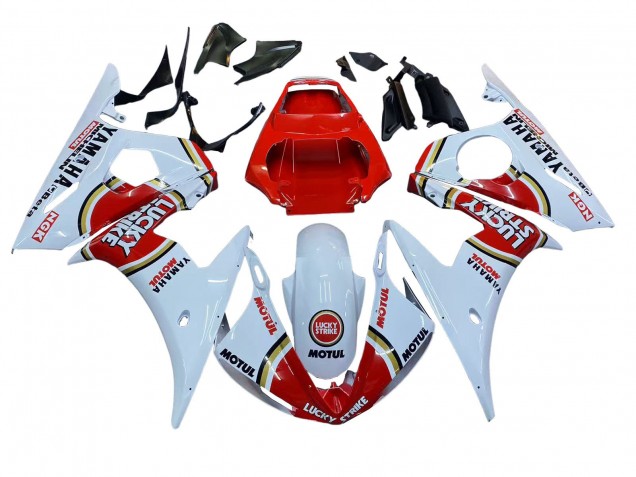 2006-2009 Yamaha YZF R6S Motorcycle Fairings - White Red Lucky Strike Motul Canada for Sale