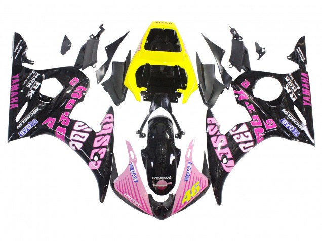 2003-2004 Yamaha YZF R6 Motorcycle Fairings - Yellow Pink Glossy Black Rossi Repsol 46 Canada for Sale