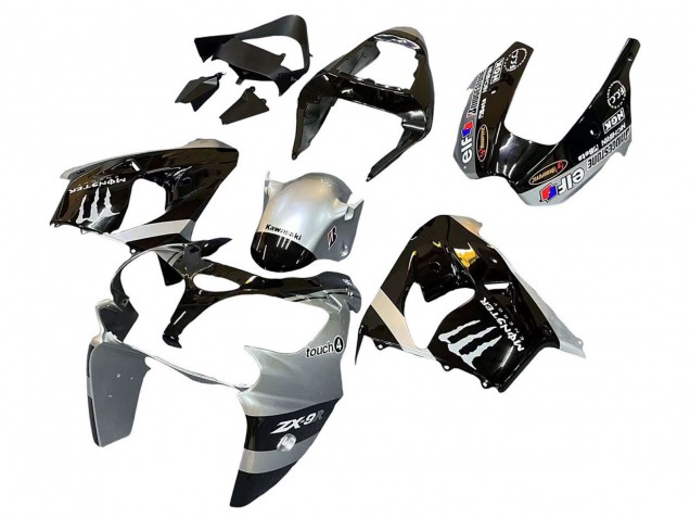 2002-2003 Kawasaki ZX9R Motorcycle Fairings - Silver Glossy Black Monster Elf Canada for Sale