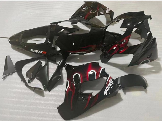 2002-2003 Kawasaki ZX9R Motorcycle Fairing - Glossy Black Red Flame Canada for Sale