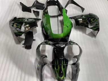2002-2003 Kawasaki ZX9R Motorcycle Fairings - Glossy Black Green Flame Canada for Sale