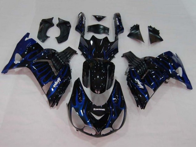 2006-2011 Kawasaki ZX14R ZZR1400 Motorcycle Fairings - Glossy Black Blue Flame Canada for Sale