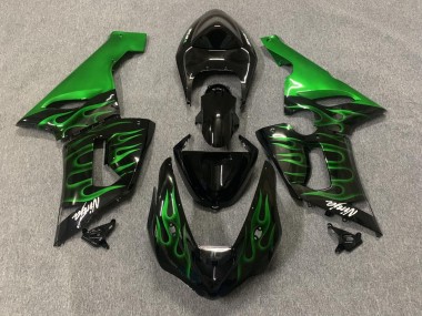 2005-2006 Kawasaki ZX6R Motorcycle Fairings - Glossy Black Green Flame Canada for Sale