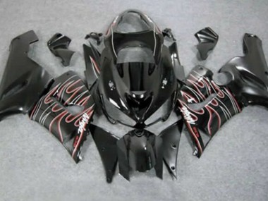 2005-2006 Kawasaki ZX6R Motorcycle Fairings - Glossy Black Red White Flame Canada for Sale
