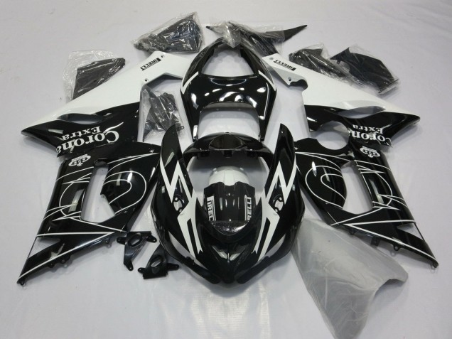 2005-2006 Kawasaki ZX6R Motorcycle Fairings - Glossy Black White Corona Extra Tribal Canada for Sale