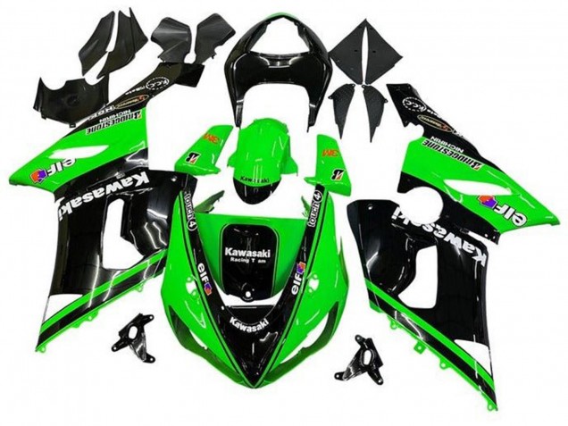 2005-2006 Kawasaki ZX6R Motorcycle Fairings - Glossy Black Green White Elf Touch4 Bridgestone Canada for Sale