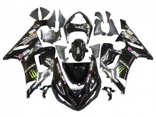 2005-2006 Kawasaki ZX6R Motorcycle Fairings - Glossy Black Yellow Monster Canada for Sale