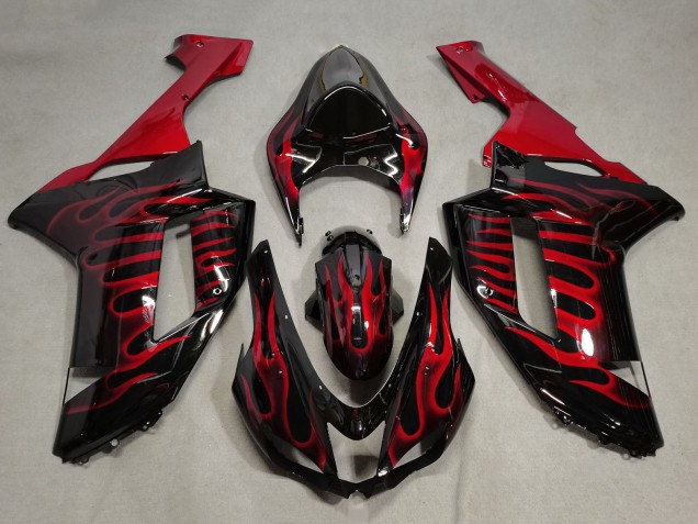 2007-2008 Kawasaki ZX6R Motorcycle Fairings - Black Red Flame Canada for Sale