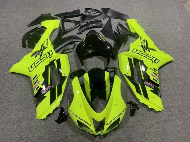 2007-2008 Kawasaki ZX6R Motorcycle Fairings - Neon Yellow Black Icon Canada for Sale