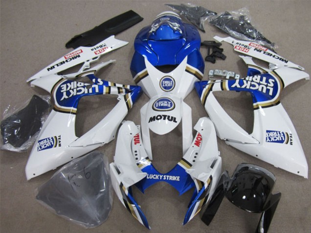 2006-2007 Suzuki GSXR 600 Motorcycle Fairings - White Blue Lucky Strike Motul Canada for Sale