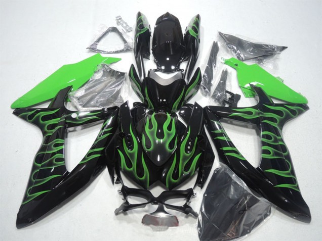 2008-2010 Suzuki GSXR 600 Motorcycle Fairings - Glossy Black Green Flame Canada for Sale