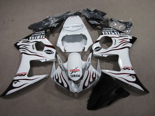 2003-2004 Yamaha YZF R6 Motorcycle Fairings - White Glossy Black Flame Shark Canada for Sale